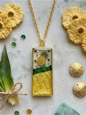 Gold Pineapple Rectangular Pendant Necklace in Yellow and Green